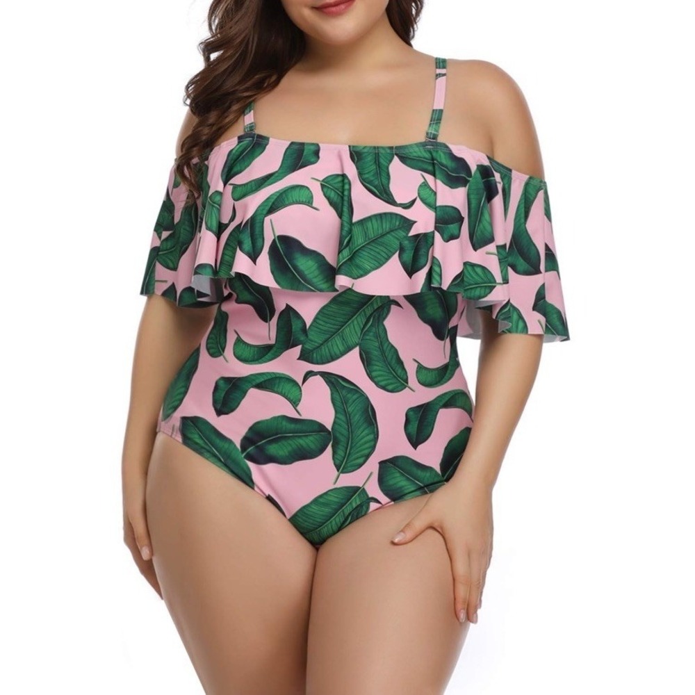 Marina Vida Women's 18W Swimwear Ruffle Off Shoulder Swim Suit Pink‎ & Green